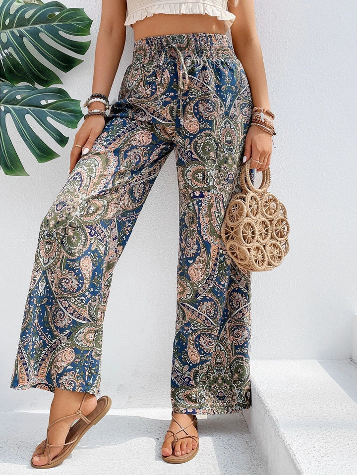 Ladies Palazzo Pants with Wide Leg, Elastic Smocked Waistband and Paisley Print Mune Fashion