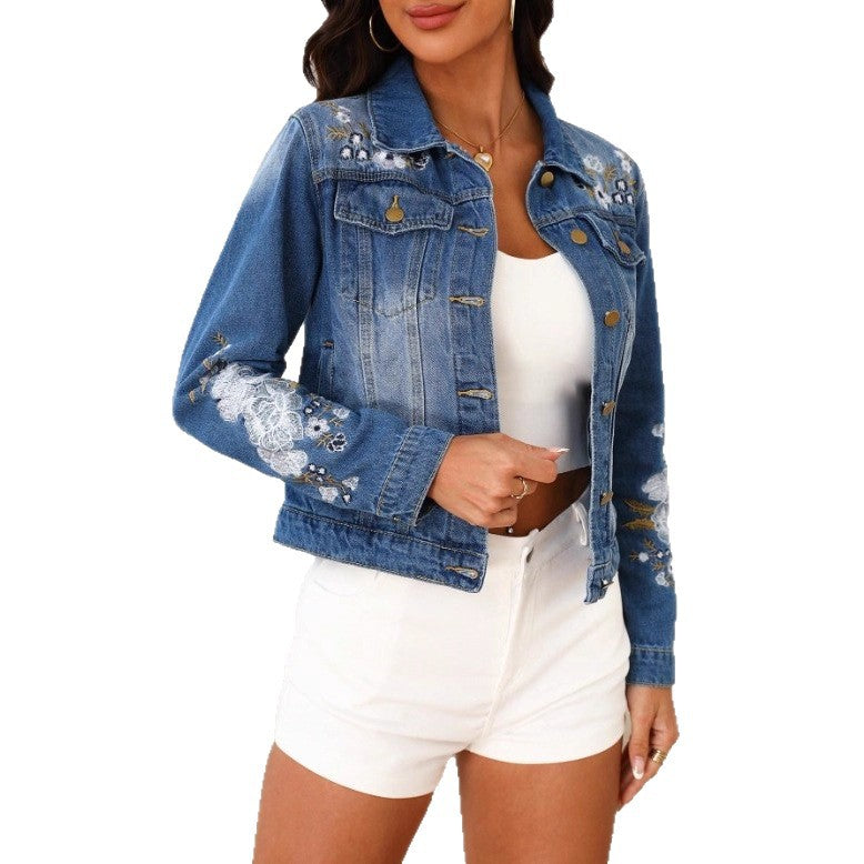Women’s Embroidered Cropped Denim Jacket in Trucker Style with Floral Sleeve Detailing Mune Fashion
