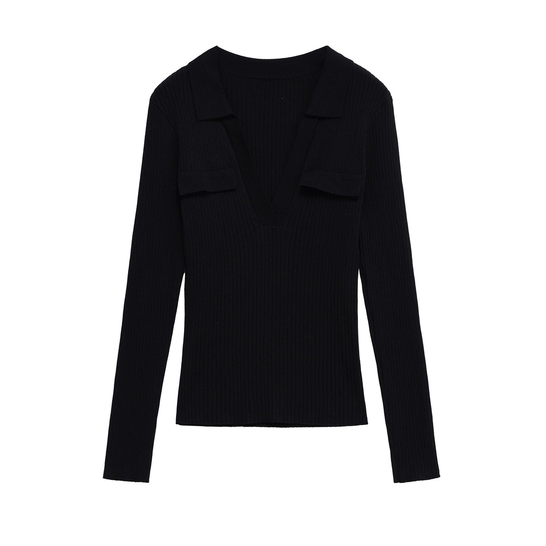 Women Ribbed Fine Knit Polo with Deep V-Neck and Chest Pockets Mune Fashion