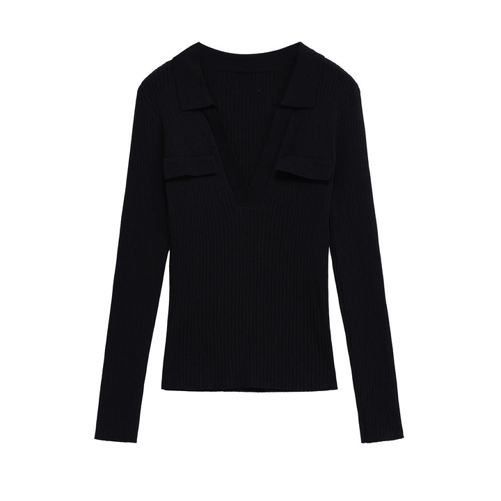 Women Ribbed Fine Knit Polo with Deep V-Neck and Chest Pockets Mune Fashion