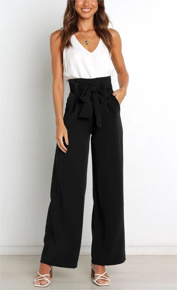 Women's Wide High-Waist Paperbag Pants with Pleats and Tie Belt Drune