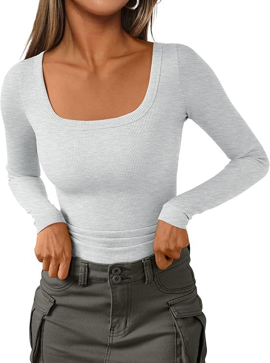Women's Fitted Ribbed Long Sleeve Shirt with Wide Square Neckline and Stretch Cotton Blend Mune Fashion
