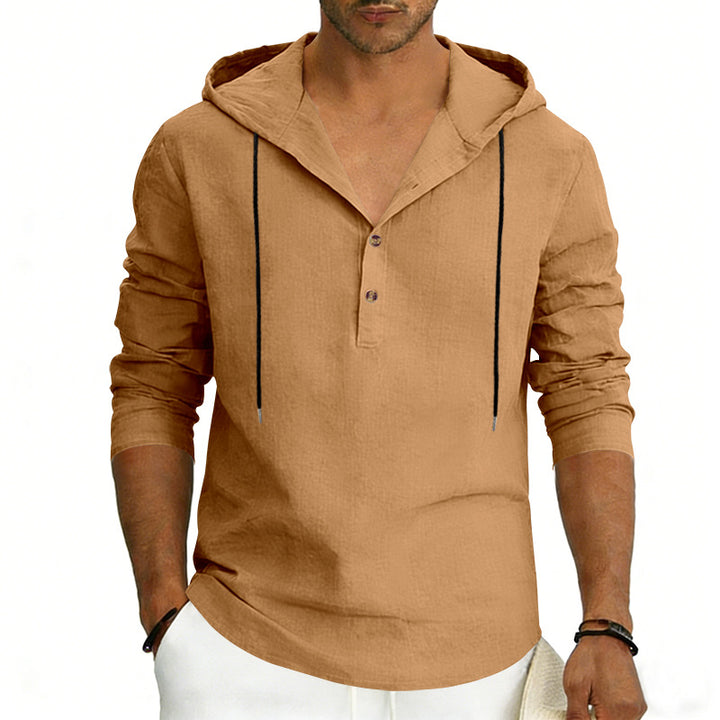 Men's Linen Henley Hooded Shirt with Short Button Placket, Hood, and Relaxed Fit Mune Fashion