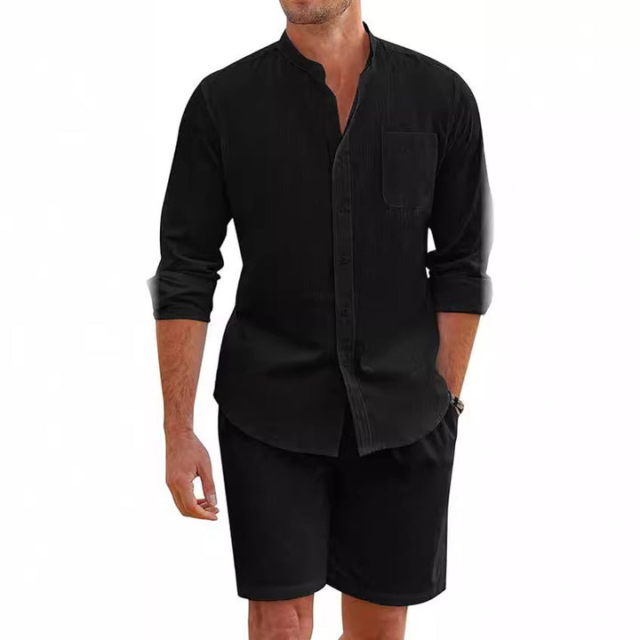 Men's linen-look two-piece set with stand-up collar shirt, chest pocket, and casual shorts Mune Fashion