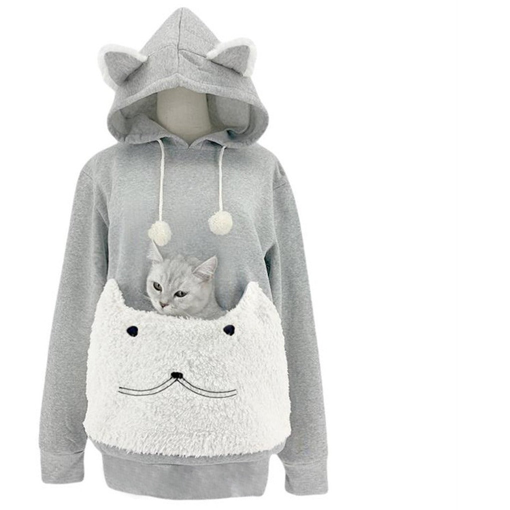 Ladies Cozy Hoodie with Cat Motif and Practical Kangaroo Pocket Mune