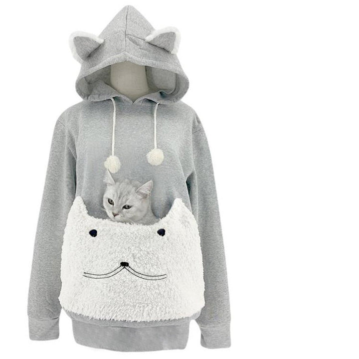 Ladies Cozy Hoodie with Cat Motif and Practical Kangaroo Pocket Mune