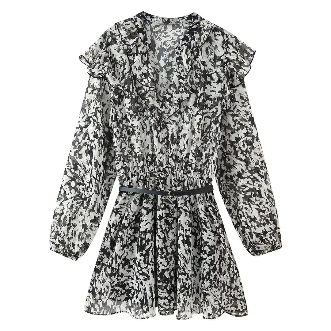 Women’s floral flounce chiffon mini dress with ruffled V-neck, elastic waist and delicate belt Mune Fashion
