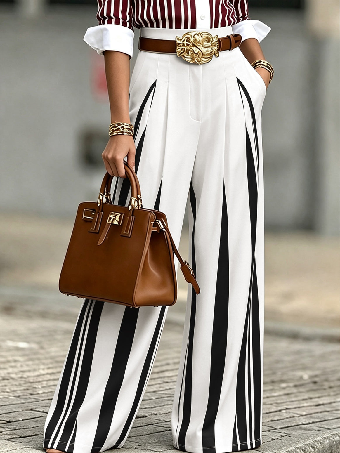 Women's High-Waisted Wide Palazzo Pants with Vertical Stripes and Pleats Mune Fashion