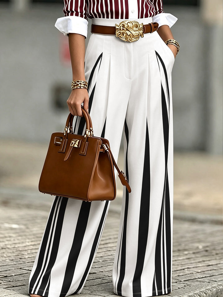 Women's High-Waisted Wide Palazzo Pants with Vertical Stripes and Pleats Mune Fashion