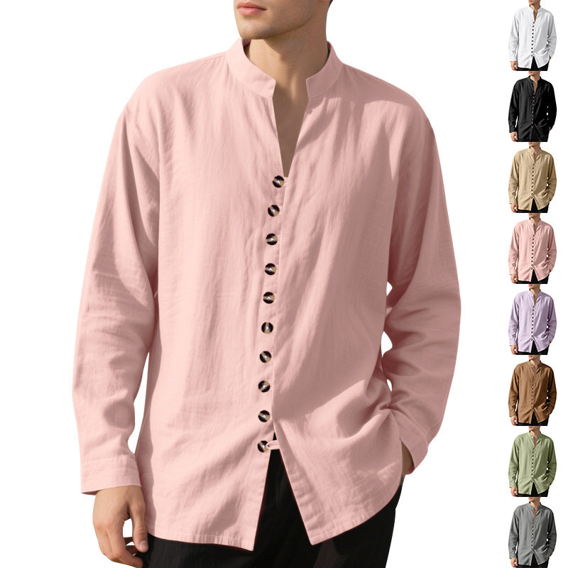 Men's casual linen shirt with Mandarin collar, continuous decorative button placket and roll-up sleeves Mune Fashion