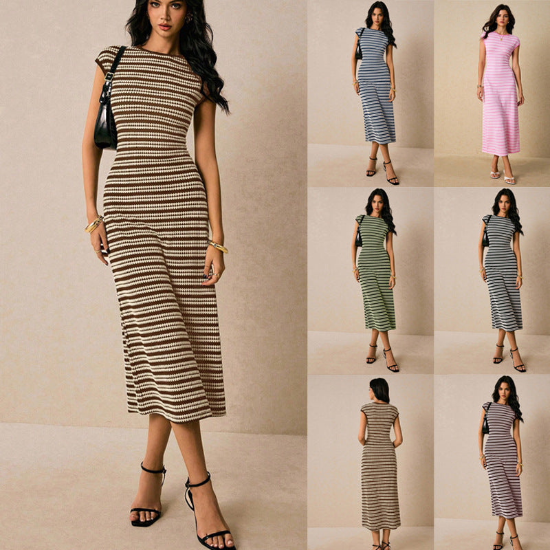 Women's Figure-hugging ribbed midi dress with short cap sleeves and diamond stripes Mune Fashion