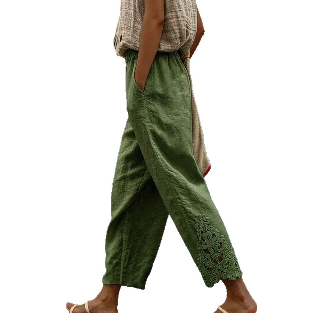 Women's casual pants made of linen blend with elastic drawstring waistband and lace embroidery on the leg