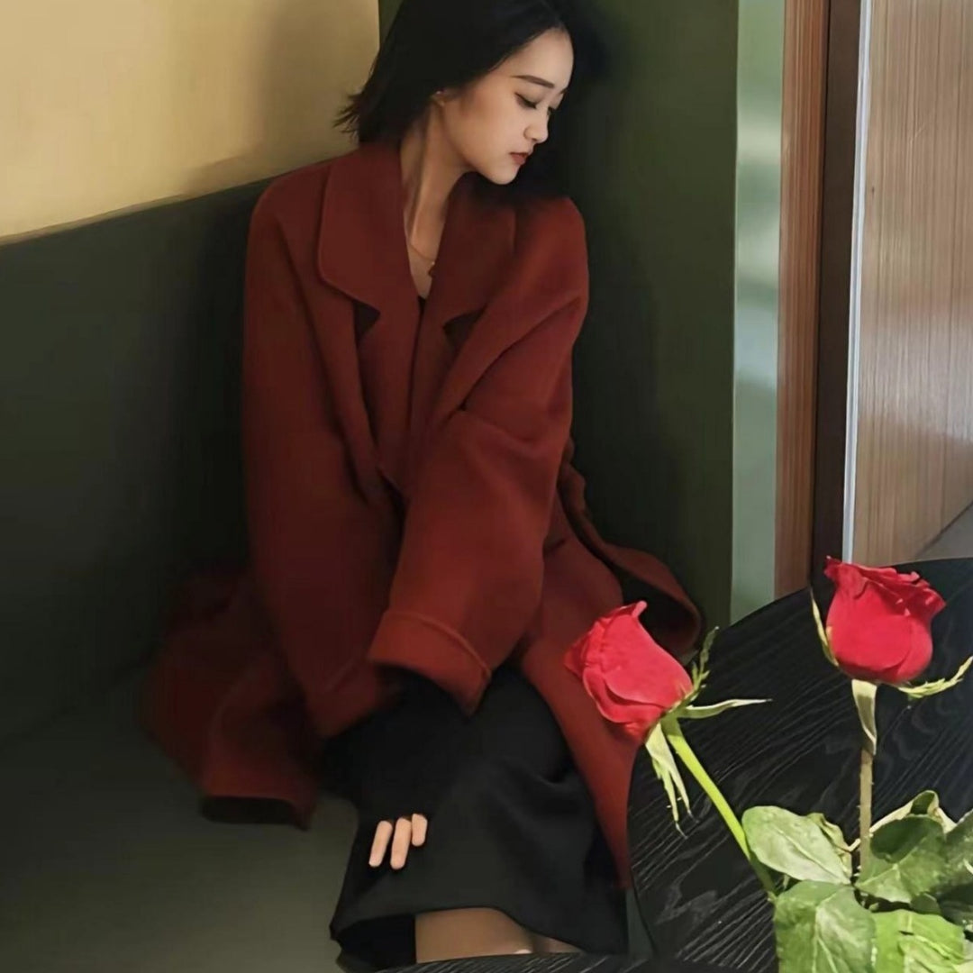 Ladies Short Wrap Coat made of Wool Mix with Ties and Wide Lapels Mune Fashion