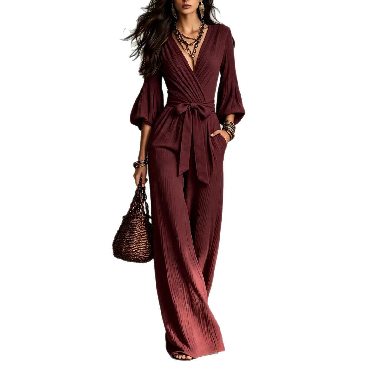 Women's Jumpsuit Wrap Look with Wide Leg, Waist Belt and Bell Sleeves Mune Fashion