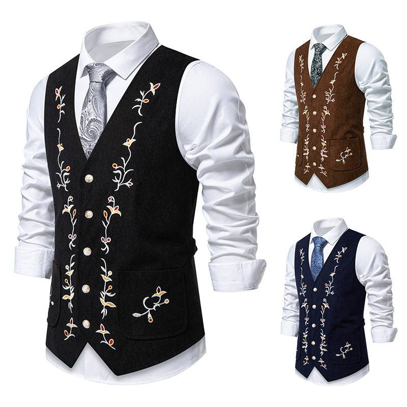 Men's Traditional Embroidered Suit Vest with V-Neck and Decorative Buttons Mune Fashion