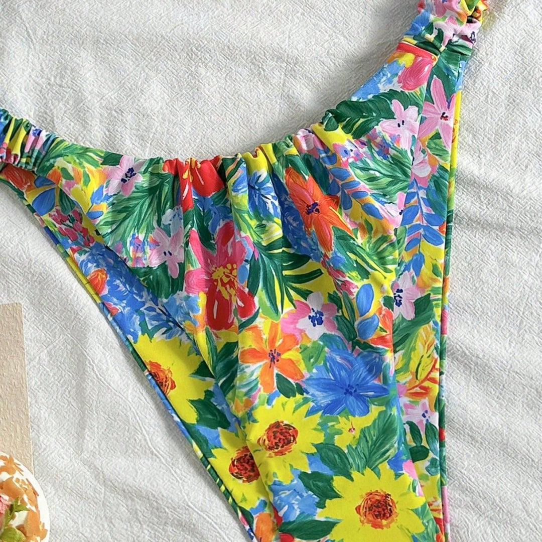 Women's Ultra-thin Floral Bikini with Elastic Ruffles Mune Fashion