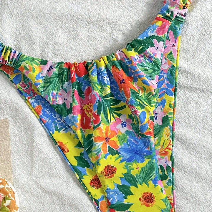 Women's Ultra-thin Floral Bikini with Elastic Ruffles Mune Fashion