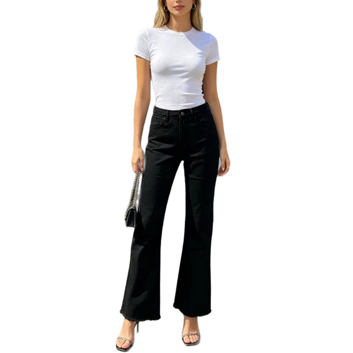 Women's high-waisted flared jeans with a flattering waistband, light stretch, and raw hem Mune Fashion