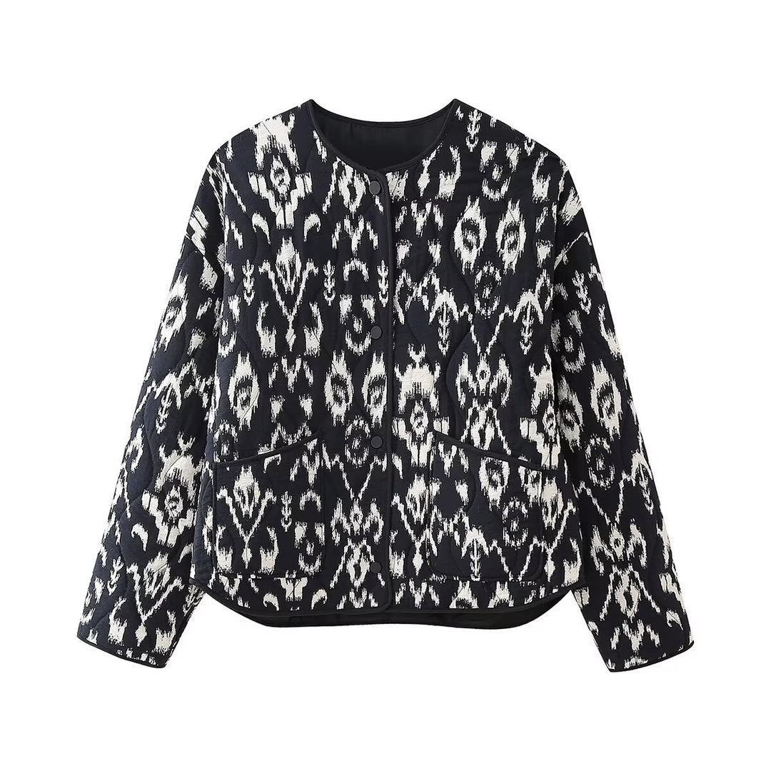 Ladies' quilted short jacket with abstract textured print, lightweight thermal padding, and contrasting piping Mune Fashion