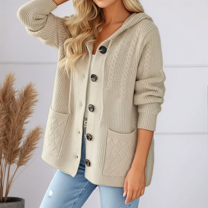 Women's knitted hooded cardigan with ribbed pattern, large wooden buttons, and patch pockets Mune Fashion