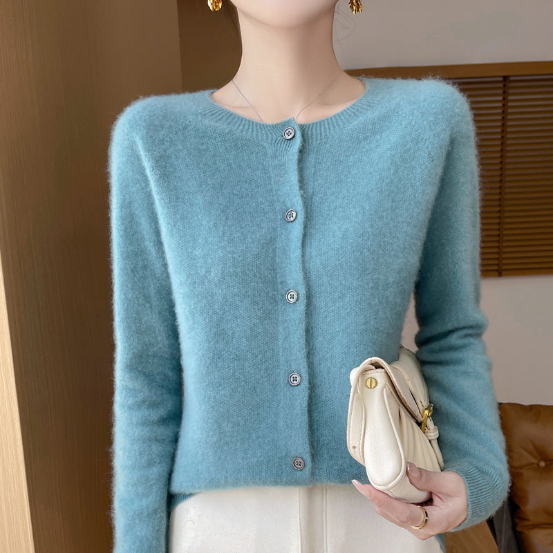 Ladies Cozy Short Cardigan made of Mohair Mix with fine virgin wool texture and mother-of-pearl button placket Mune Fashion