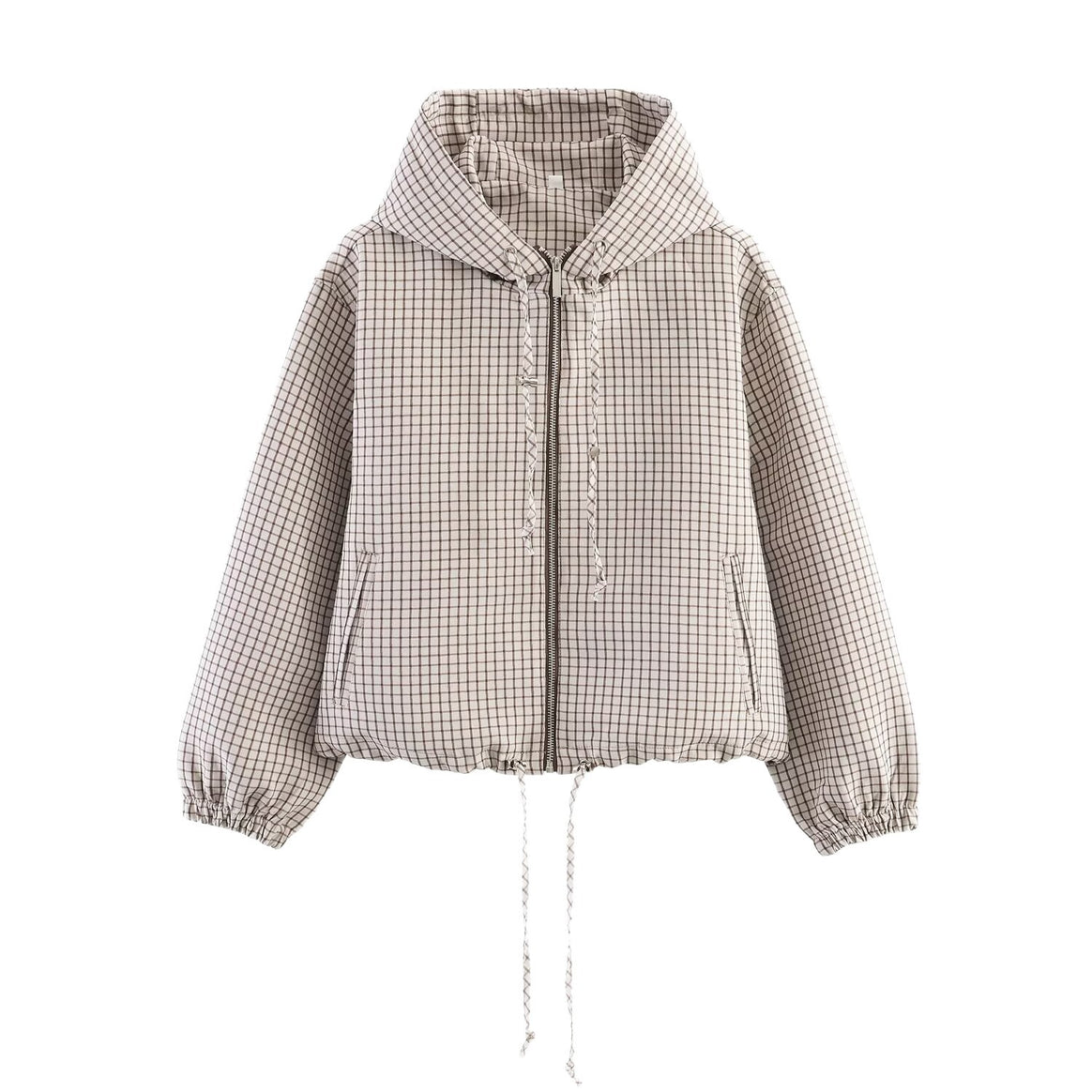 Women Short Cut Checkered Hoodie with Zip and Drawstring Hem Mune Fashion
