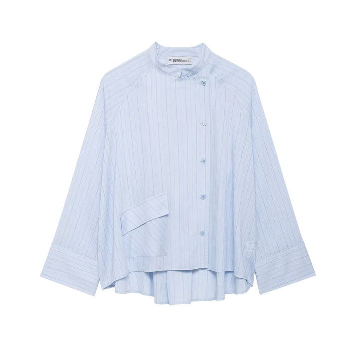 Women's Oversized Striped Shirt Blouse with Stand-Up Collar, Asymmetrical Button Placket and High-Low Hem Mune Fashion