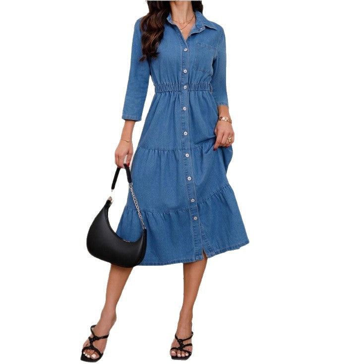 Women's button-down shirt dress made of denim with a waist-defining elastic band, button placket & tiered skirt Mune Fashion