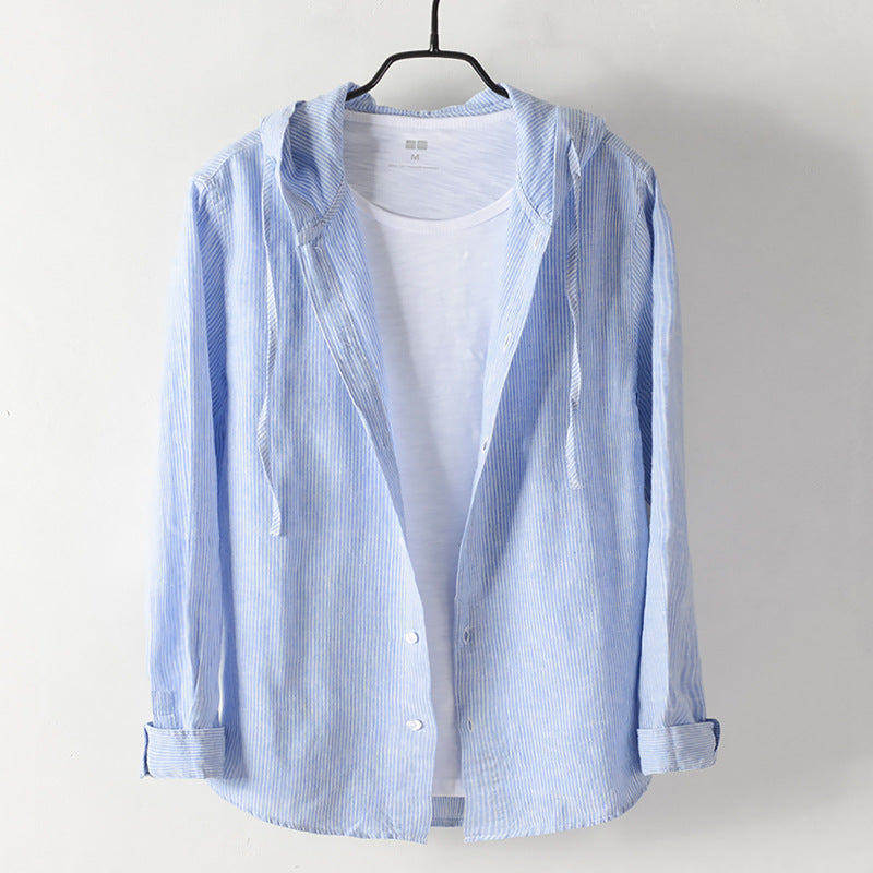 Men's Lightweight Hoodie Shirt made of Linen-Cotton Blend with Fine Stripe Structure Mune Fashion