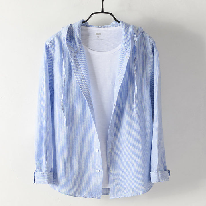 Men's Lightweight Hoodie Shirt made of Linen-Cotton Blend with Fine Stripe Structure Mune Fashion