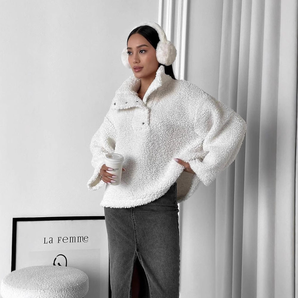Women Oversized Teddy Sweater with Half Snap Placket and Stand Collar Mune Fashion