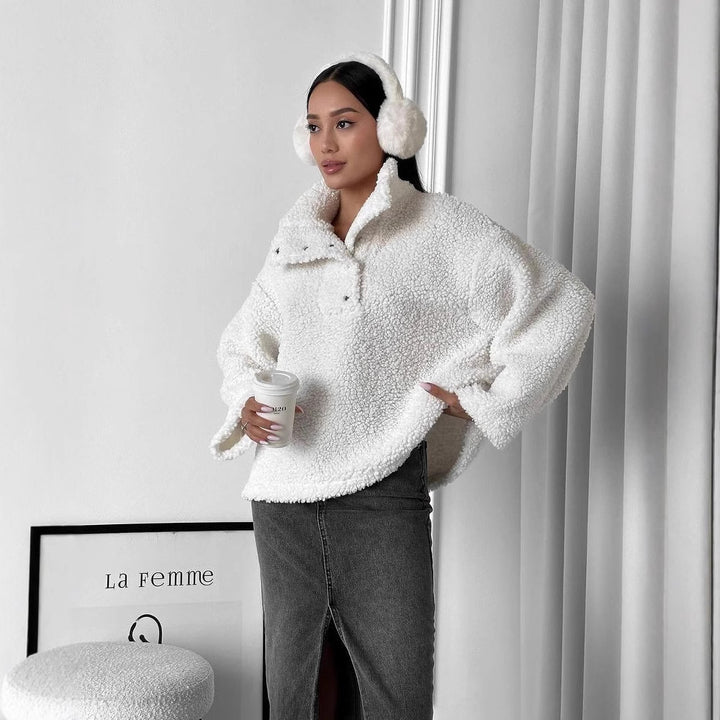Women Oversized Teddy Sweater with Half Snap Placket and Stand Collar Mune Fashion