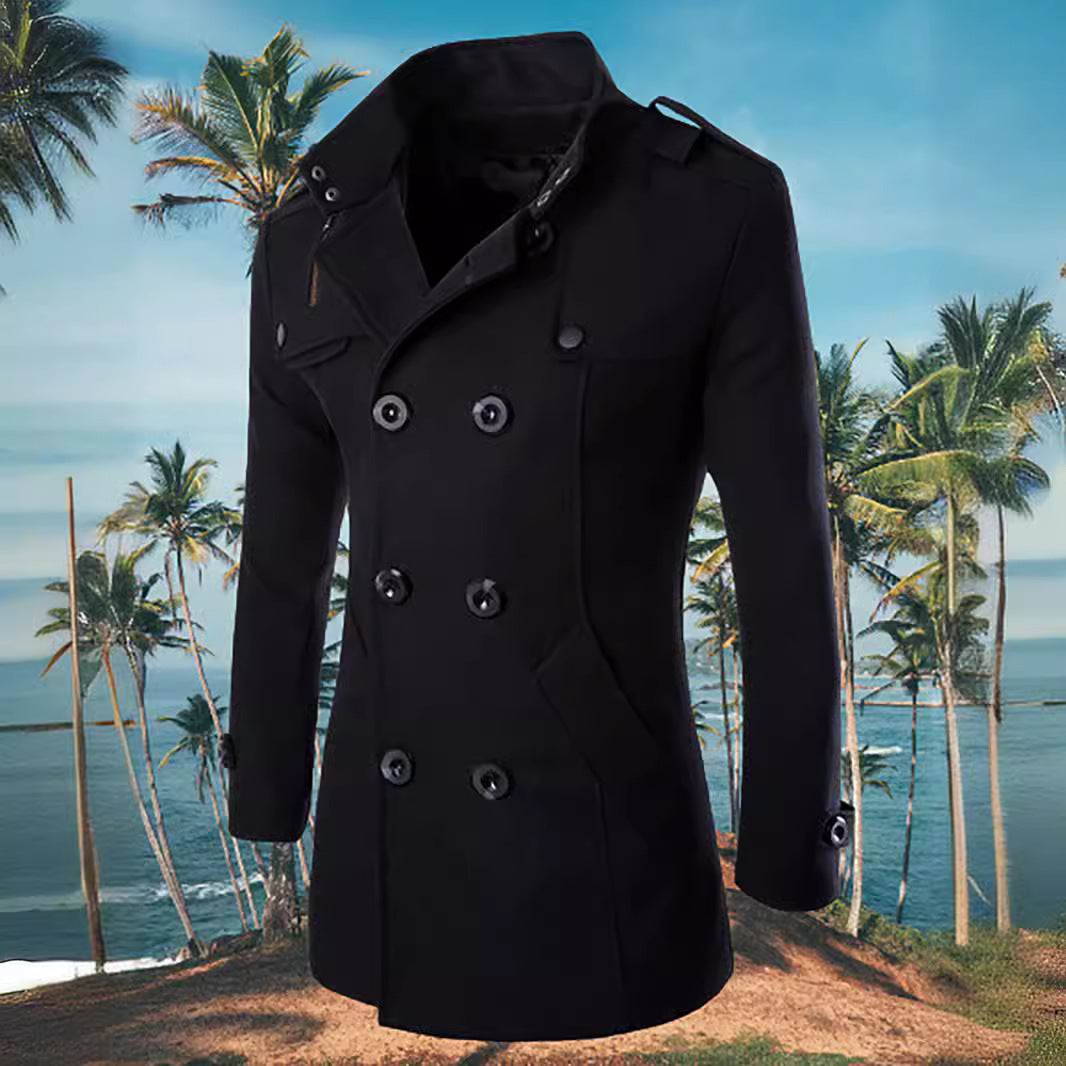 Men's Double-Breasted Peacoat with Stand Collar, Shoulder Straps, and Tailored Silhouette Mune Fashion