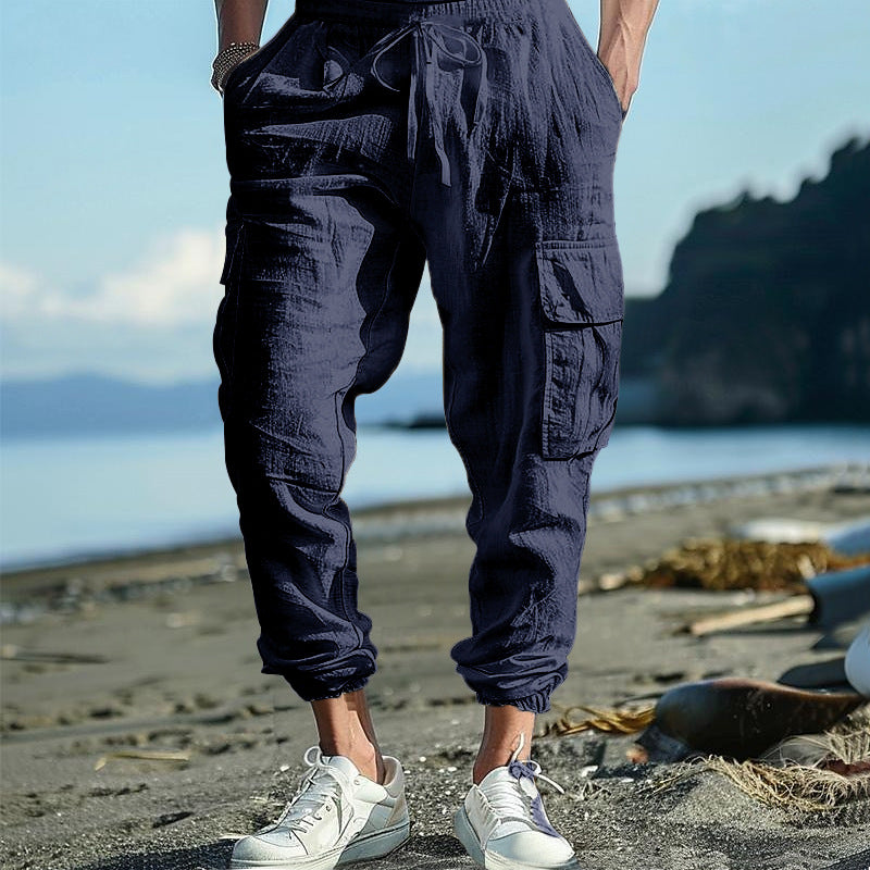 Men's Casual Linen Cargo Joggers with Drawstring Waist, Large Flap Pockets and Elastic Ankle Cuffs Mune Fashion