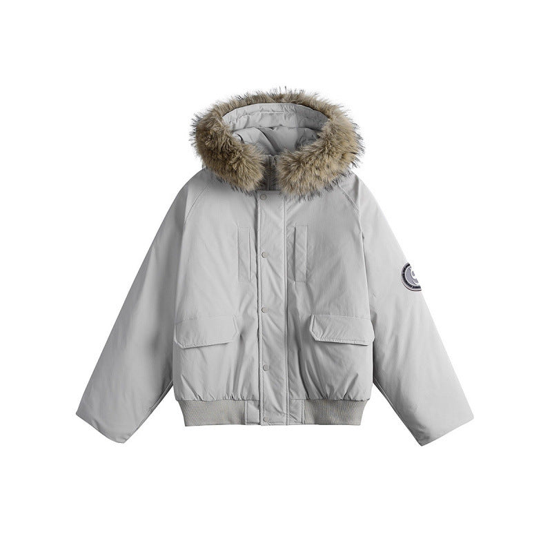 Women's short bomber jacket with thermal padding, hood with removable faux fur and utility pockets Mune Fashion