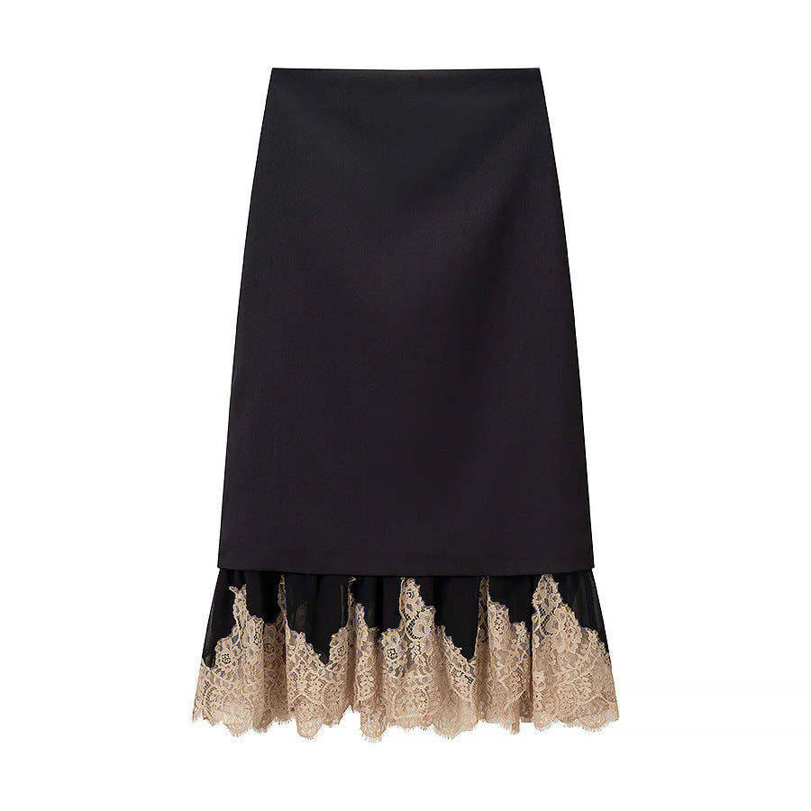 Ladies Elegant Pencil Midi Skirt with Contrasting Lace Underlay Mune Fashion