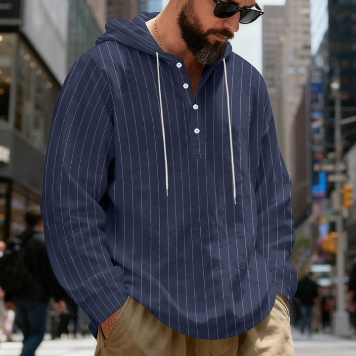 Men's Lightweight Hoodie Henley Shirt with Fine Pinstripes Mune Fashion