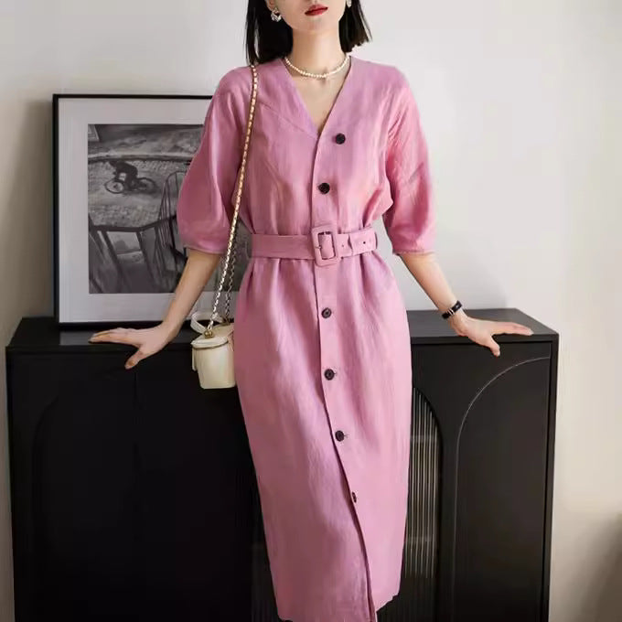 Women Elegant Midi Dress with Belt Mune Fashion