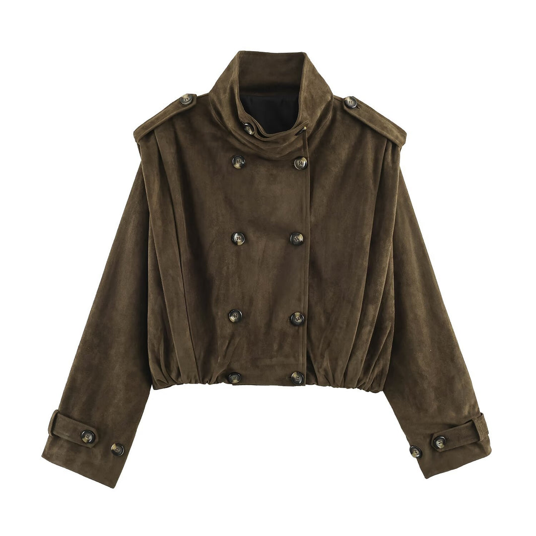 Women's Short-Cut Double-Breasted Suede-Look Bomber with Stand-Up Collar and Shoulder Patches Mune Fashion