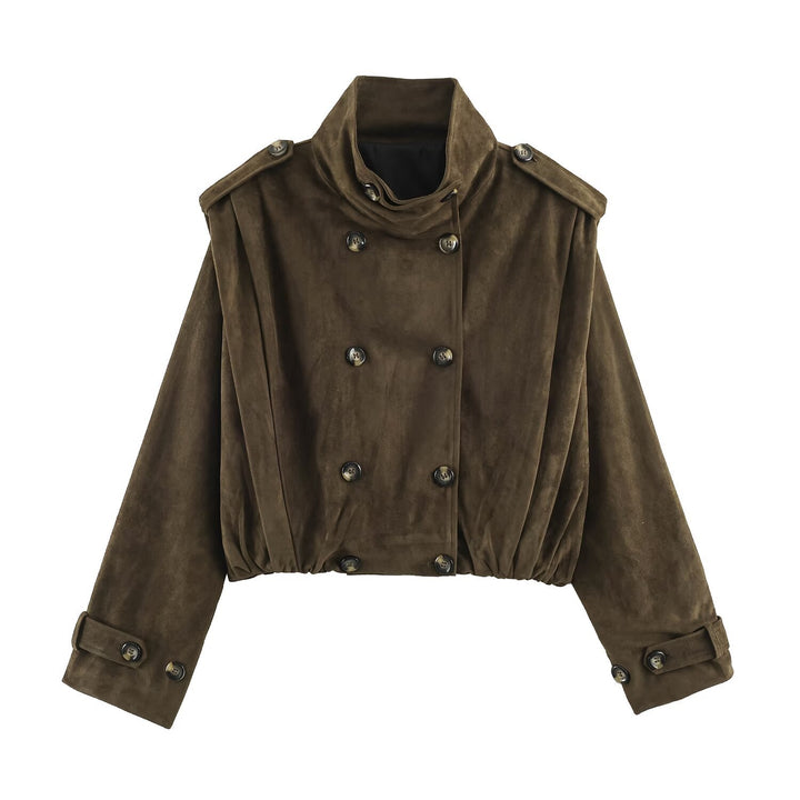 Women's Short-Cut Double-Breasted Suede-Look Bomber with Stand-Up Collar and Shoulder Patches Mune Fashion