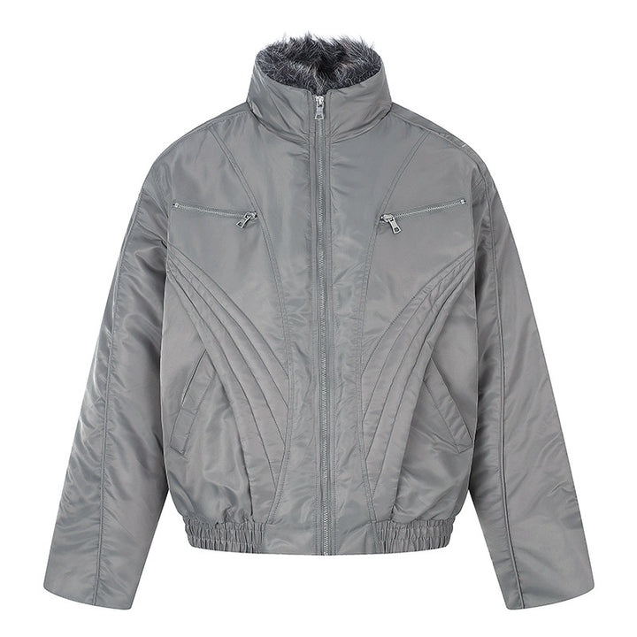 Women's padded bomber jacket with high stand-up collar, faux fur lined collar and zippered pockets Mune Fashion