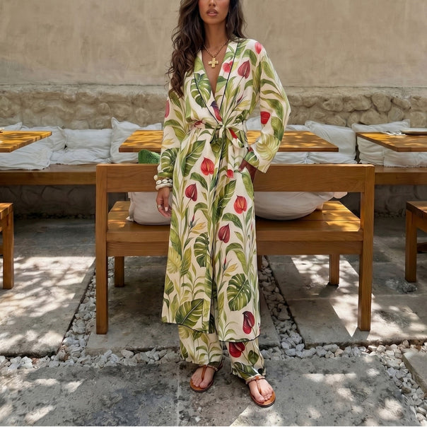 Women Long Kimono Coat with Waist Belt and Wide Palazzo Pants in Tropical Print Mune Fashion