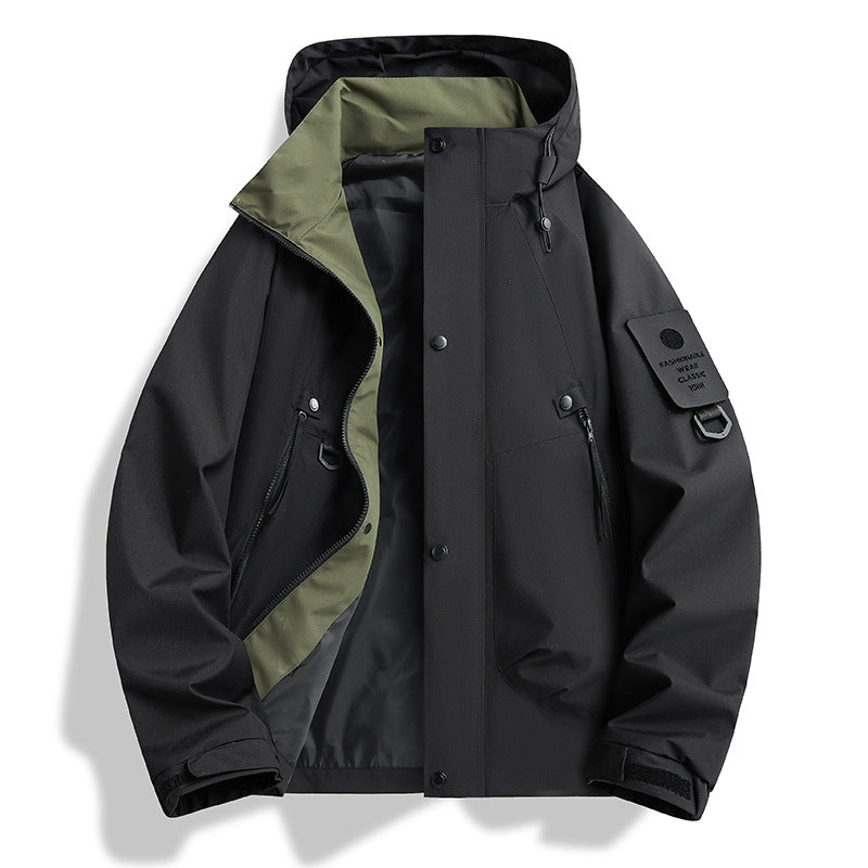 Men Water-Repellent Tech Utility Hooded Jacket with Hidden Zipper Mune Fashion