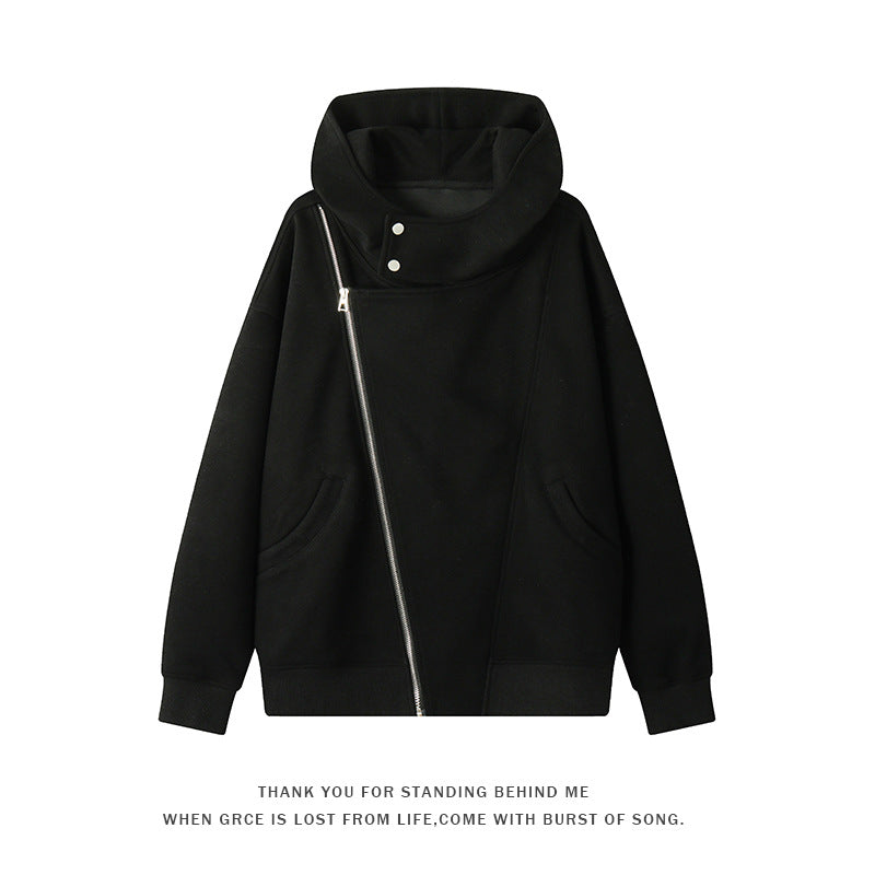 Women's asymmetrical hoodie with high collar, diagonal zipper and kangaroo pockets Mune Fashion