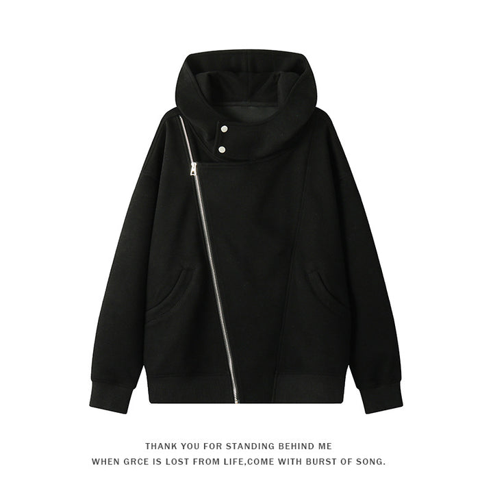 Women's asymmetrical hoodie with high collar, diagonal zipper and kangaroo pockets Mune Fashion