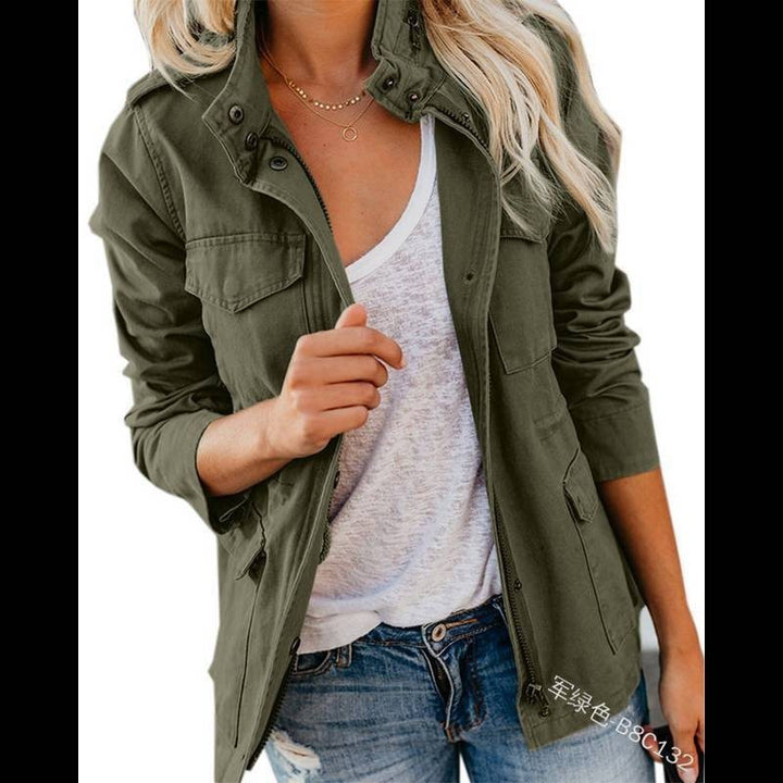 Women’s utility field jacket with stand-up collar, patch pockets and waist drawstring Mune Fashion
