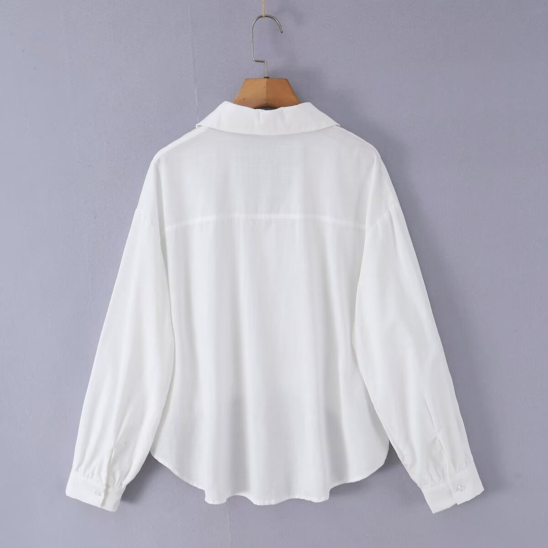 Women's loose blouse with V-neck, shirt collar, and gathered high-low hem Mune Fashion
