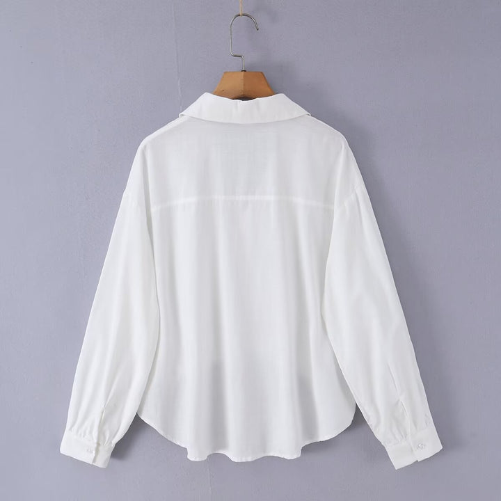 Women's loose blouse with V-neck, shirt collar, and gathered high-low hem Mune Fashion