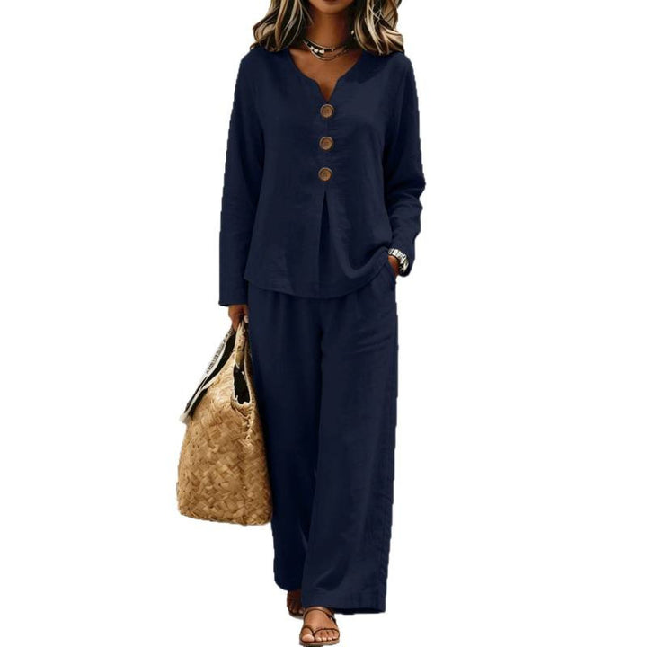 Women's Two-Piece Linen Look Lounge Set with V-Neck, Button Blouse and Wide Palazzo Pants Mune Fashion