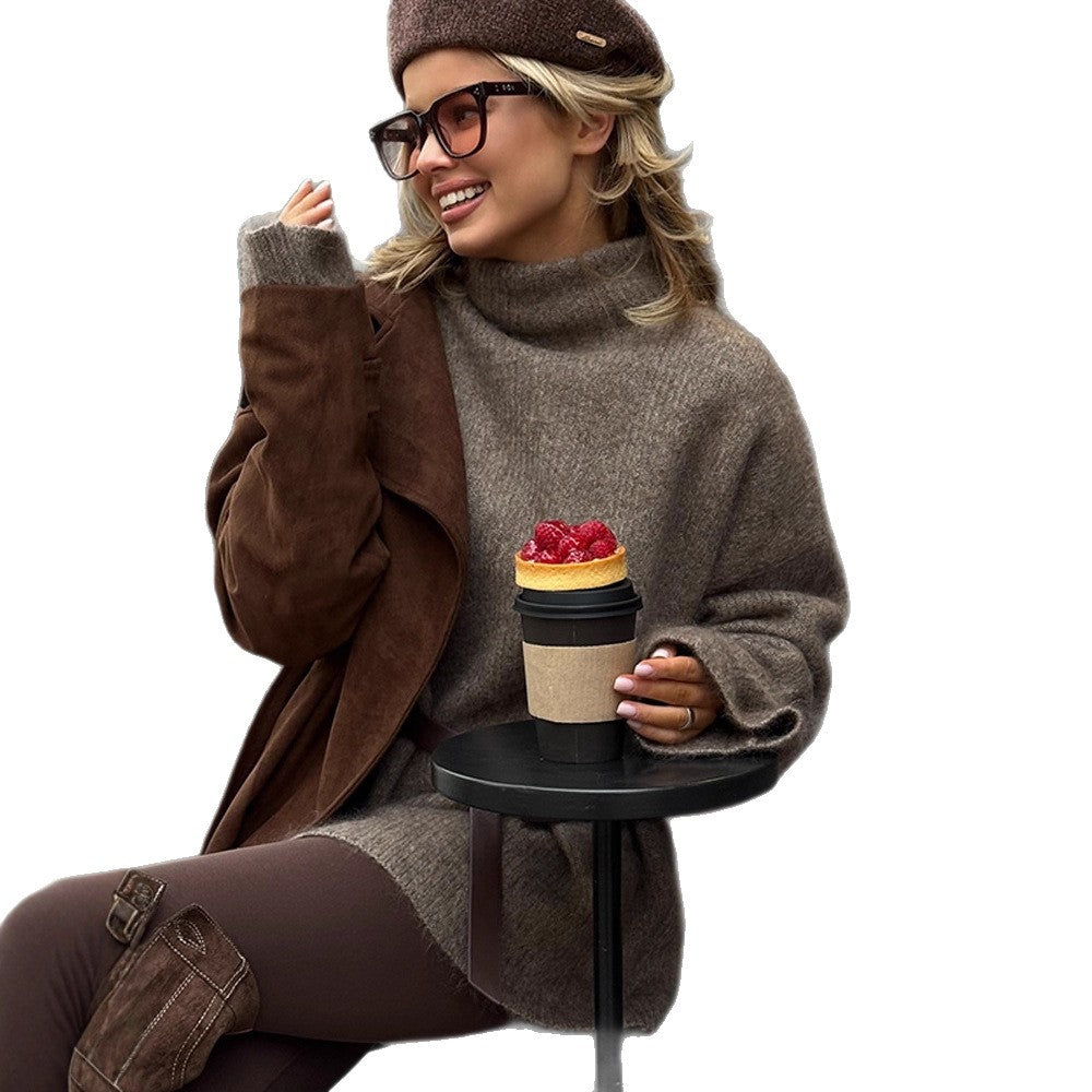 Women Oversize Mohair-Mix Roll-neck Sweater Dress with Balloon Sleeves and Waist Belt Mune Fashion